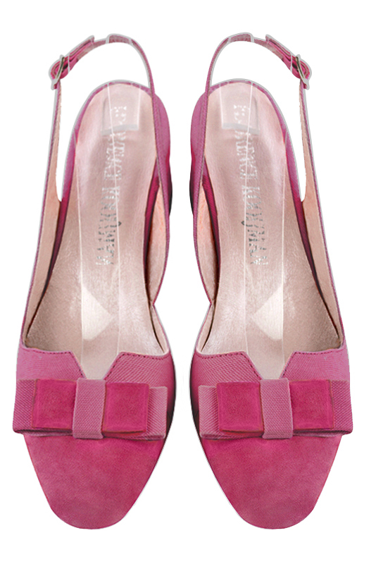 Fuschia pink women's open back shoes, with a knot. Round toe. Low flare heels. Top view - Florence KOOIJMAN